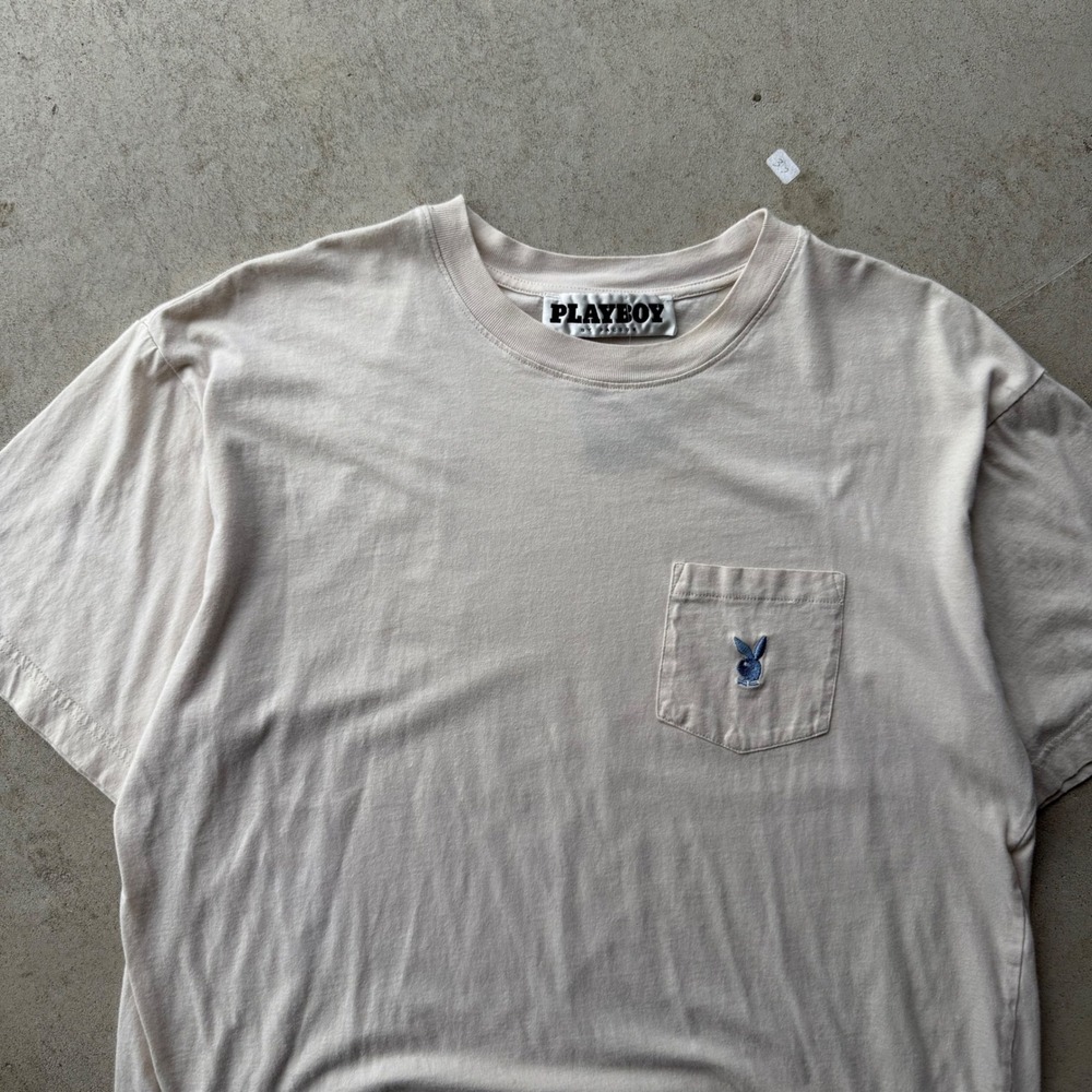 Y2K Mens Playboy by PacSun Embroidered Pocket T-Shirt Cream Streetwear Large - Picture 2 of 7